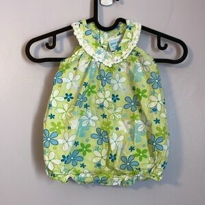 Patsy Aiken Retro Floral Crochet Neckline Bodysuit size 12 M Green Blue White